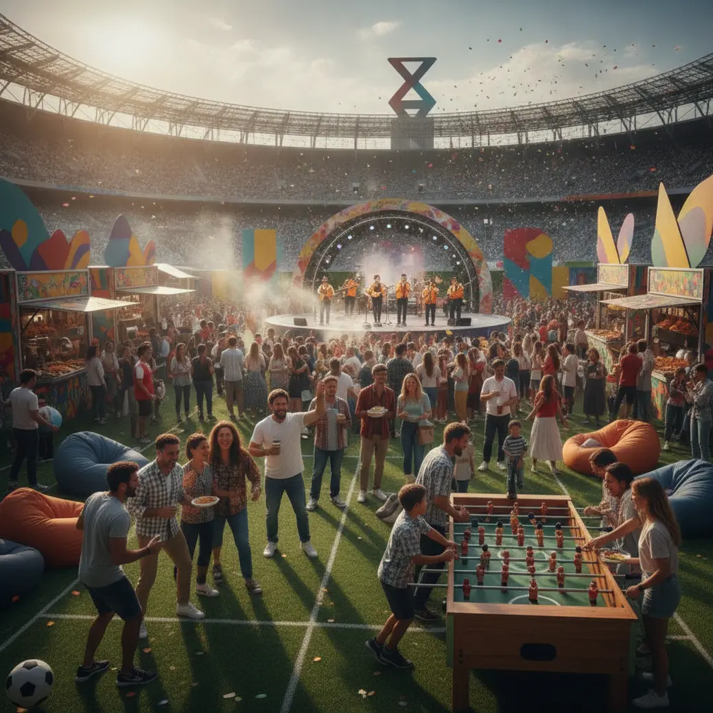 Vibrant fan zone at a sports event with cheering spectators and interactive activities.