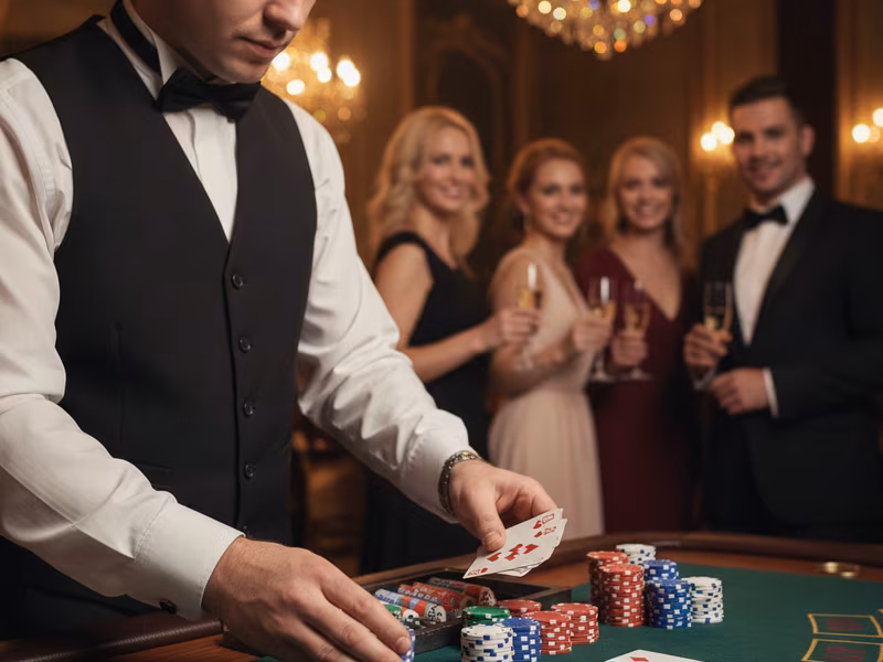 Professional croupier dealing cards at a SportGrad event