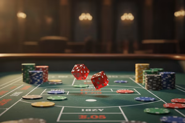 Craps table with dice and chips