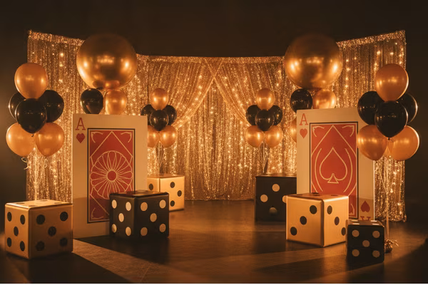 Elegant casino party décor with card and dice props
