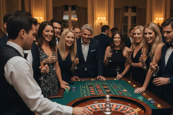 Guests around a roulette table at a SportGrad casino event
