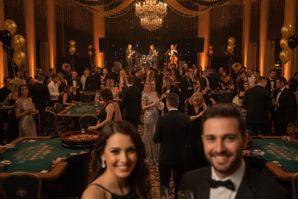 Casino party hall filled with guests and gaming tables